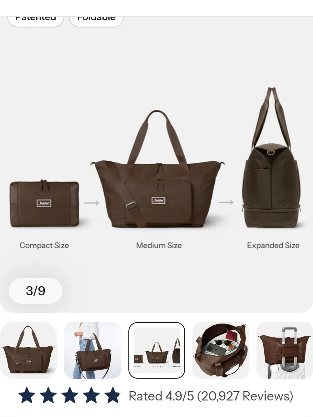 Foldable Expandable Brown Duffel Bag with Shoulder Strap
